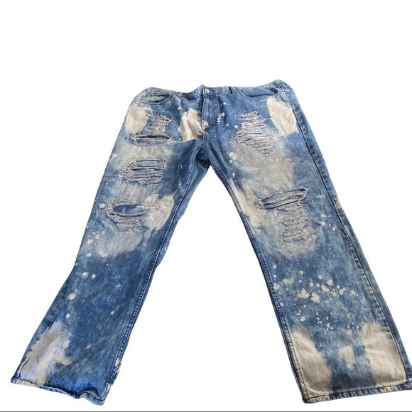 Lion Dynasty Men Medium Wash Denim Jeans Sz 44x31 Bleached Ripped Denim - Picture 1 of 10